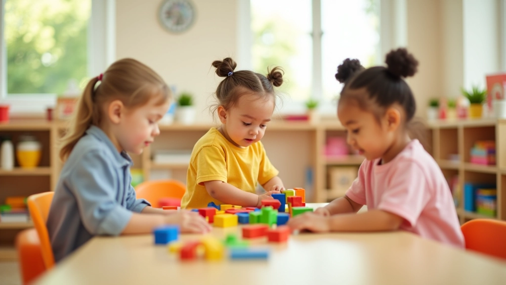 Colorful early learning classroom with children engaged in educational play activities