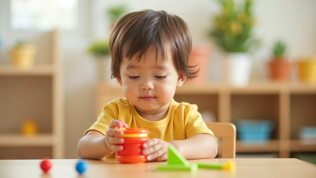 Child engaged in problem-solving play with shape-sorting toy and educational materials