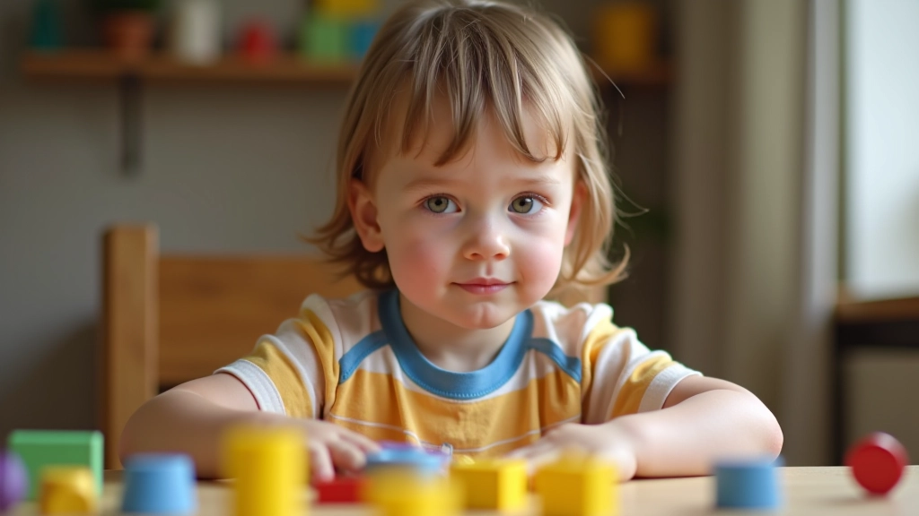 Young child aged 4-5 fully clothed, focused on hands-on activity with colorful learning materials and blocks on a table