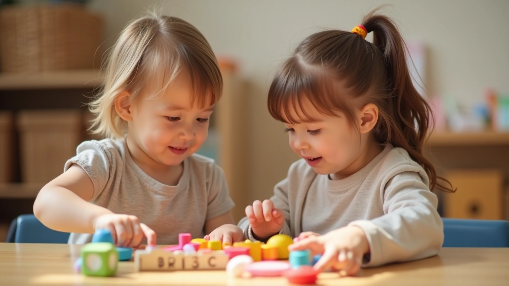Young children engaging in cooperative play and social interaction in structured play setting
