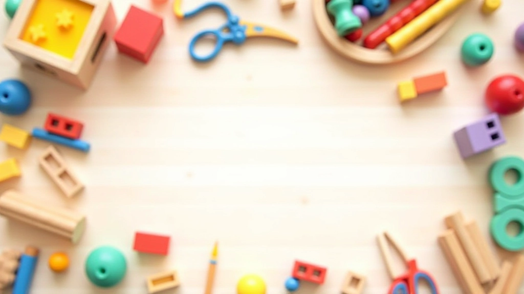 Flat lay arrangement of colorful child-safe toys including wooden blocks, beads, paintbrushes, and playdough on a light wooden table