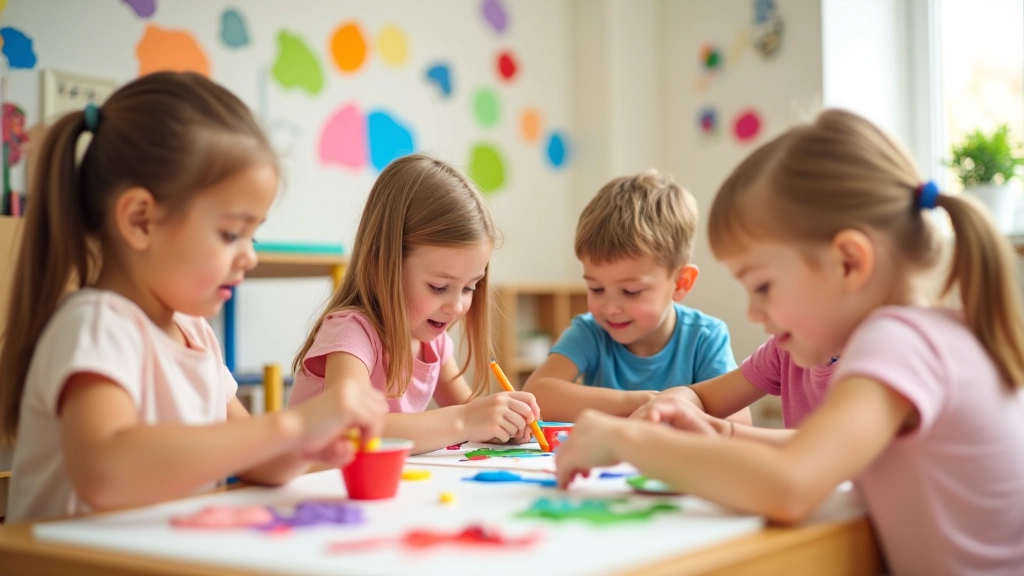 Group of young children engaged in creative play workshop with art materials
