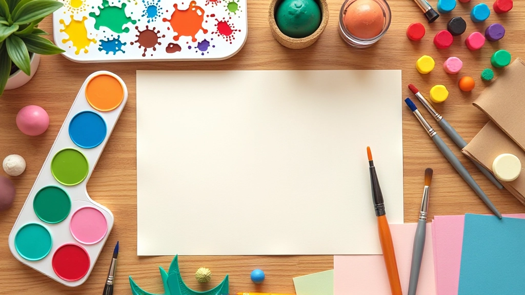 Variety of art supplies and materials arranged on table including paints, colored pencils, clay, markers, collage papers, and craft materials in creative studio