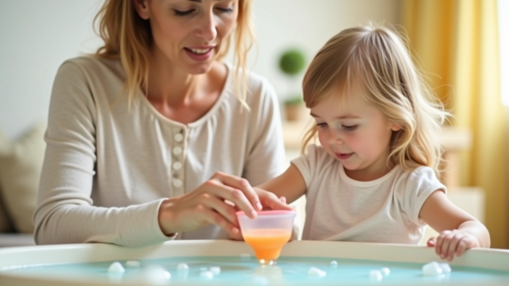 Parent and toddler aged 3-4 fully clothed, engaged in a water and pouring activity together, smiling and learning