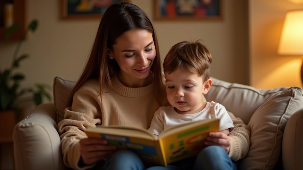 Parent and toddler engaged in interactive reading and language development activity with picture book