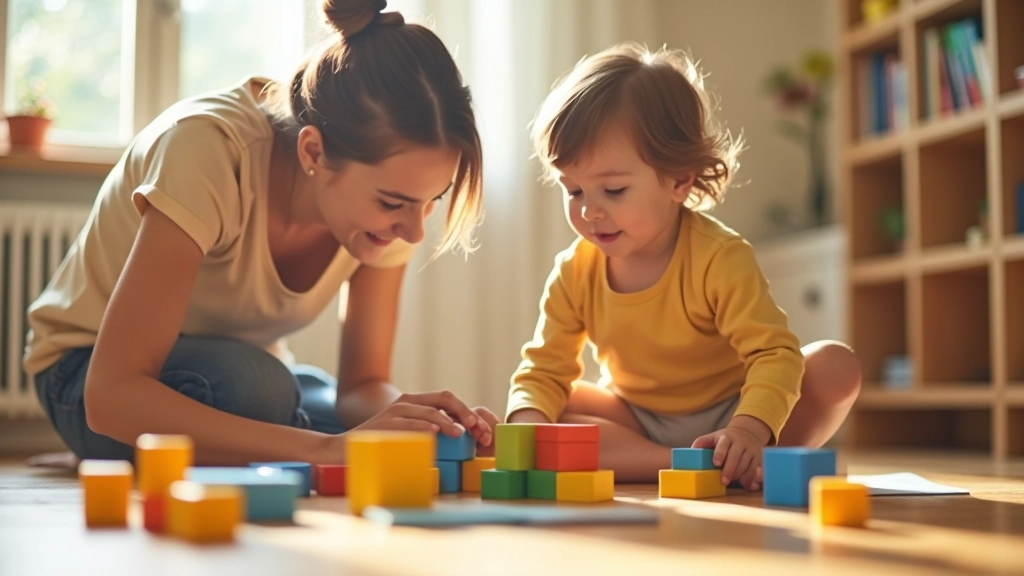 Parent and child playing together with building blocks on a wooden floor