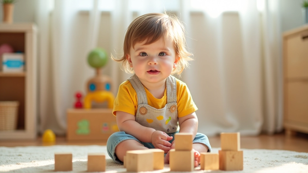 Young child engaging in age-appropriate developmental play activity with blocks and toys in bright room