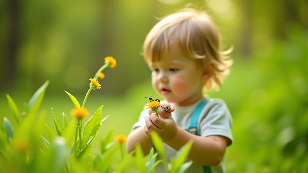 Young child exploring nature and observing plants in a garden