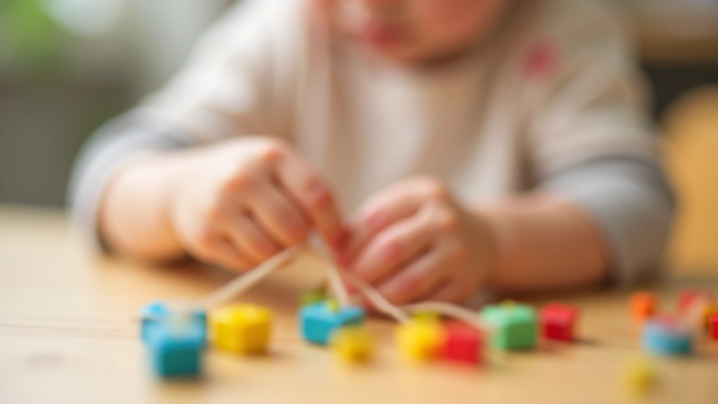 Close-up of toddler's hands holding colorful wooden beads and string for threading activity